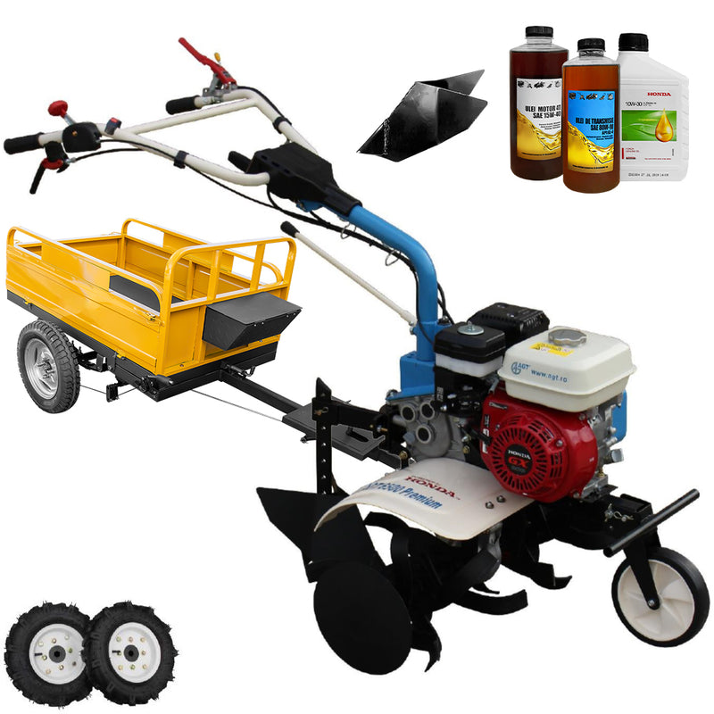 Motosapa AGT 6500 PREMIUM motor Honda GX200 6.5 CP latime lucru 80 cm 2+1 viteze freze rarita fixa roti cauciuc 4.00-8 remorca 2.6l ulei