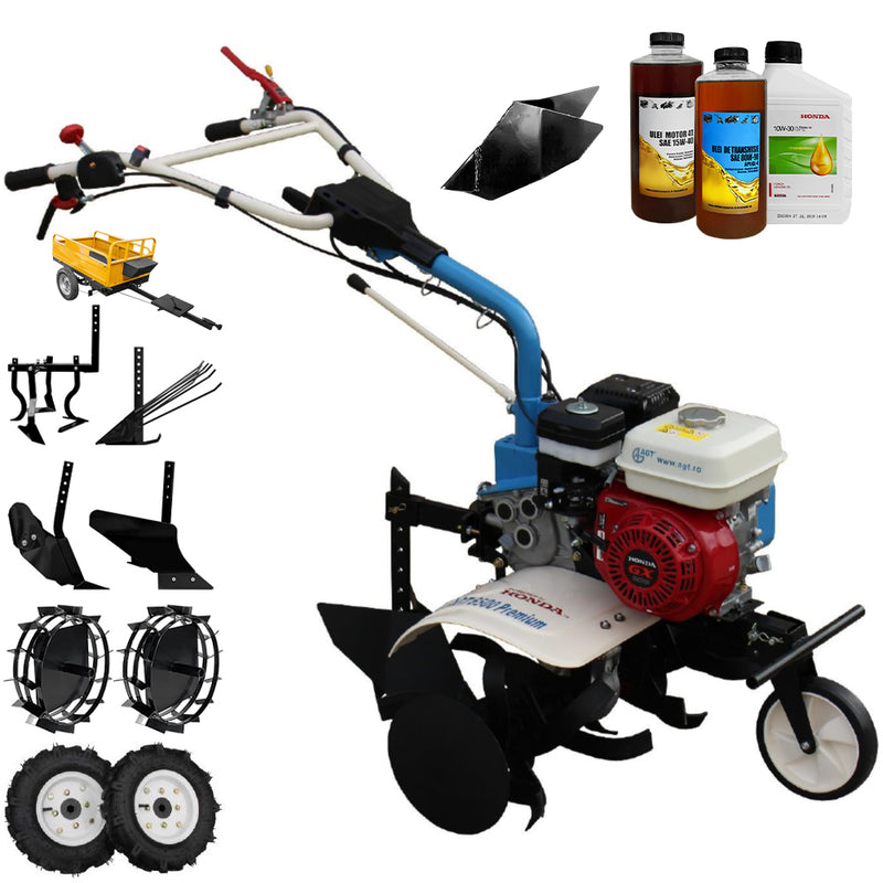 Motosapa AGT 6500 PREMIUM motor Honda GX160 5.5 CP latime lucru 80 cm 2+1 viteze freze rarita fixa roti cauciuc 4.00-8 roti metal plug arat rarita reglabila plug cartofi cultivator remorca 2.6l ulei