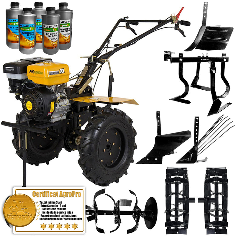 Pachet motocultor Profesional ProGARDEN HS 1100D 13 CP benzina freze de lucru roti cauciuc 6 X 12 roti metalice rarita reglabila plug cartofi plug arat prasitoare + 2l ulei motor AgroPro +3l ulei transmisie AgroPro