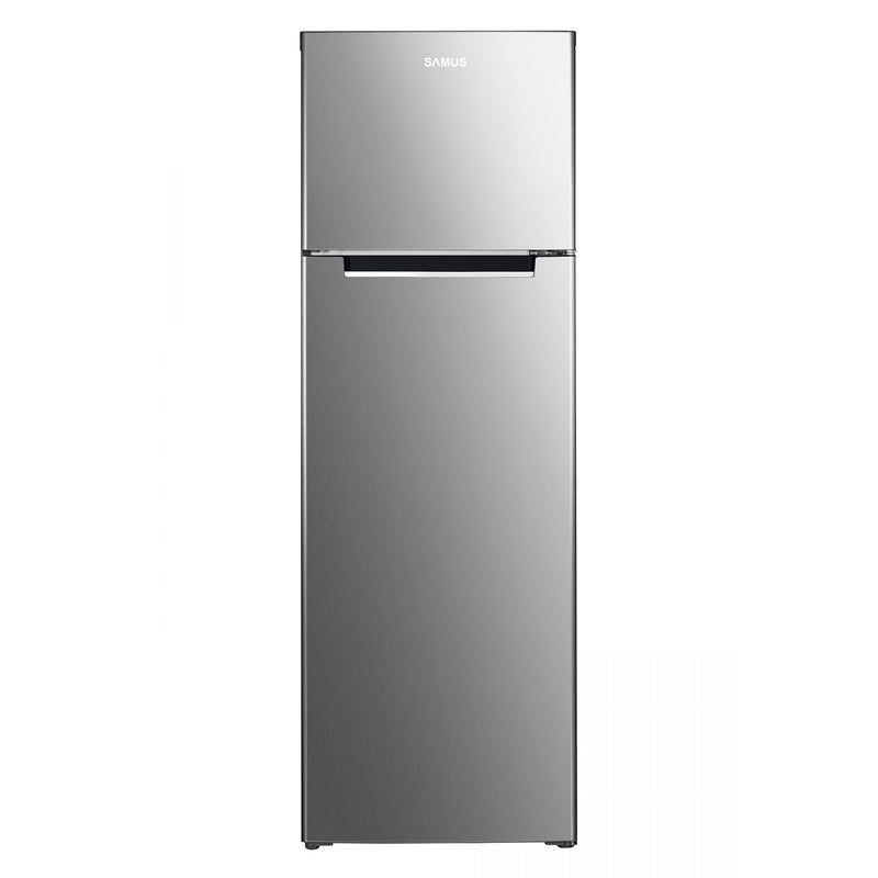 Frigider Samus SX346E cu 2 usi si 4 rafturi 248 litri clasa E argintiu inaltime 165.5 cm termostat reglabil dezghetare automata la frigider usi reversibile picioare reglabile