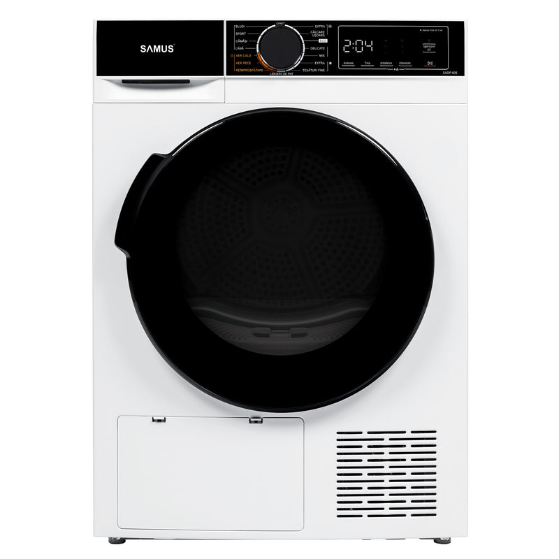Uscator de rufe Samus SADP-835 pompa de caldura 8 kg clasa D latime 60 cm antisifonare igienizare UV blocare acces copii pornire intarziata