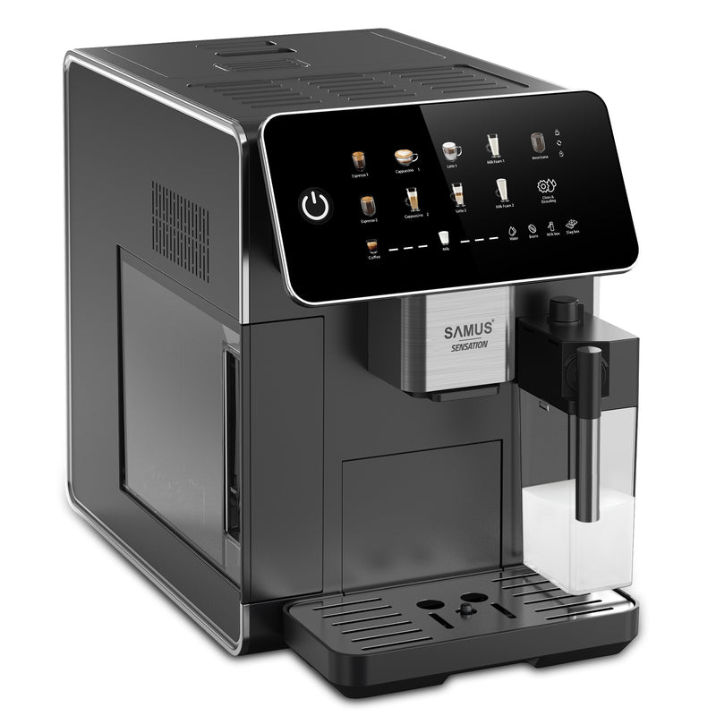 Espressor cafea Samus Sensation automat rasnita incorporata cafea boabe 15 bar 1350 W capacitate 1.5 litri capacitate rasnita 300 g rezervor lapte 300 ml curatare automata reglare grad macinare negru