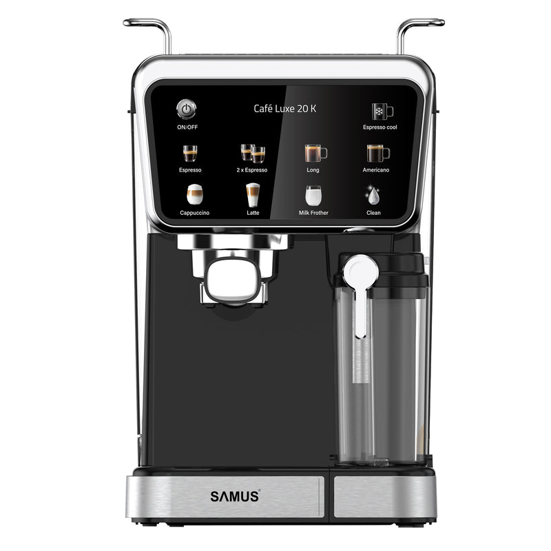 Espressor cafea Samus Cafe Luxe 20 K cafea macinata + capsule 20 bar 1350 W capacitate 1.5 litri rezervor lapte 8 bauturi presetate afisaj digital tactil tehnologie Thermalblock curatare automata negru + argintiu