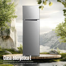 Frigider Samus SX346E cu 2 usi si 4 rafturi 248 litri clasa E argintiu inaltime 165.5 cm termostat reglabil dezghetare automata la frigider usi reversibile picioare reglabile