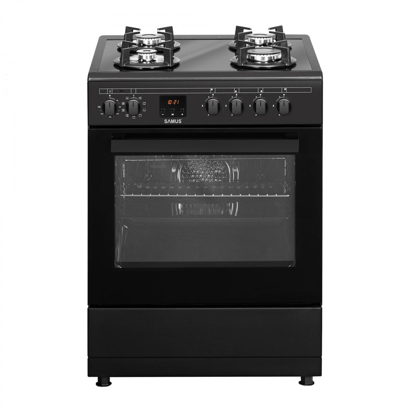 Aragaz electric / gaz Samus SM665AENS ANTRAHCIT 4 arzatoare pe gaz cuptor electric 10 functii convectie 3D latime 60 cm aprindere electrica plita timer digital lumina interioara suprafata plita din sticla securizata