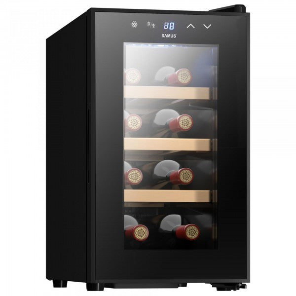 Racitor termoelectric (pentru vinuri) Samus SRV25LM8 3 rafturi din lemn 21 litri capacitate 8 sticle clasa E racire termoelectrica iluminare interioara LED control tactil cu afisaj electronic 47.5 x 26.5 x 51 cm
