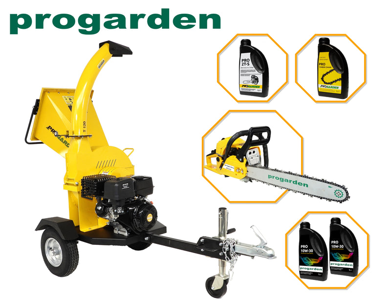 Pachet ProGARDEN TB120 tocator resturi vegetale, 12CP, benzina, 120mm + MF3545P Motoferastrau 450mm, 3.4CP, benzina 2T, 55cmc + 4L ulei