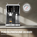 Espressor cafea Samus Cafe Luxe 20 K cafea macinata + capsule 20 bar 1350 W capacitate 1.5 litri rezervor lapte 8 bauturi presetate afisaj digital tactil tehnologie Thermalblock curatare automata negru + argintiu