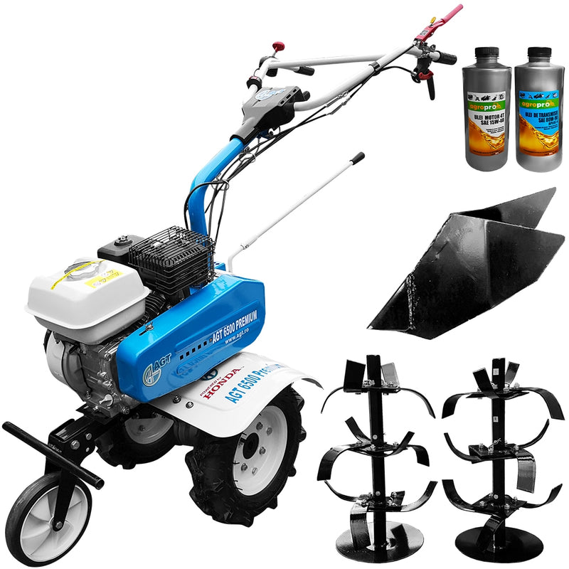 Pachet motosapa Premium AGT 6500 motor Honda GP160 5.5 CP freze segmentabile 80 cm roti cauciuc rarita fixa 1l ulei motor 1l ulei transmisie AgroPro