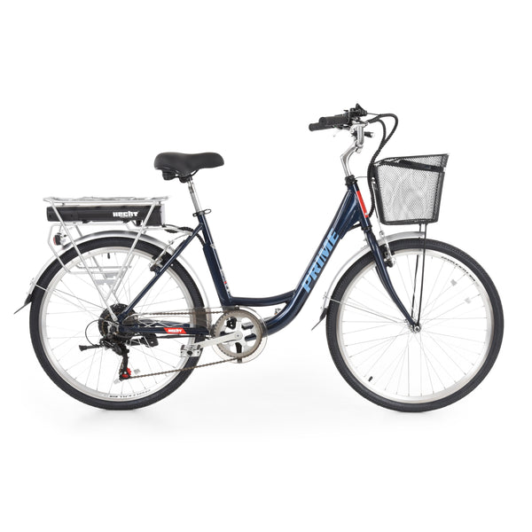 Bicicleta electrica Hecht prime blue cu sasiu din aluminiu schimbator shimano acumulator 36 v