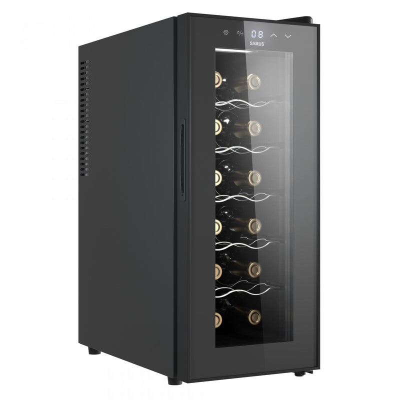 Racitor termoelectric (pentru vinuri) Samus SRV38CR12 5 rafturi din metal 32 litri capacitate 12 sticle clasa F racire termoelectrica iluminare interioara LED control tactil cu afisaj electronic 65.2 x 26.5 x 51 cm