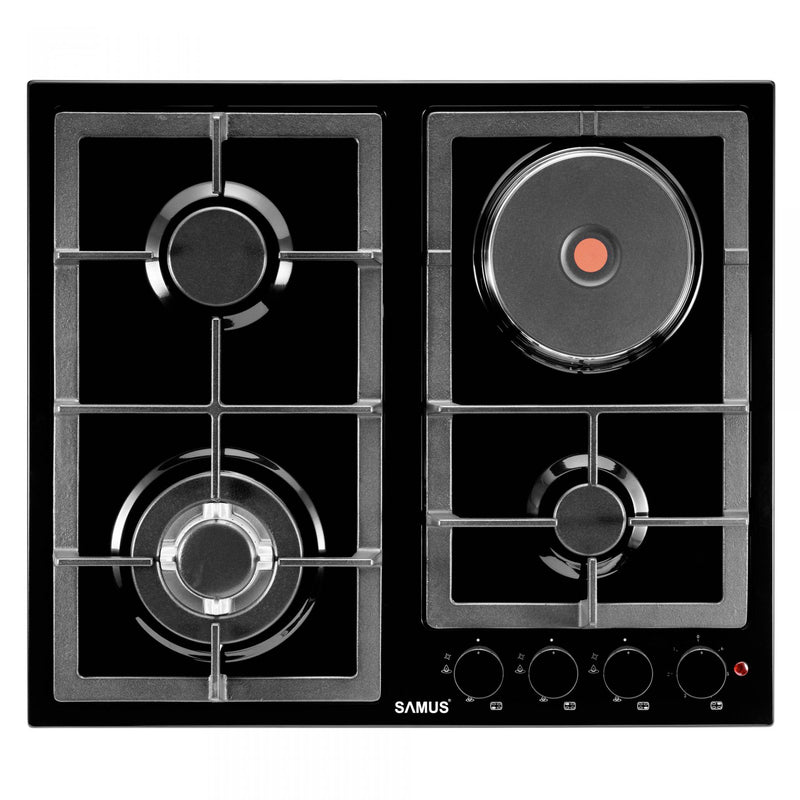 Plita incorporabila mixta Samus PSGE-63SB1 3 arzatoare pe gaz + 1 arzator electric 7.7 kW aprindere electrica dispozitiv siguranta arzatoare, panou frontal gratar fonta