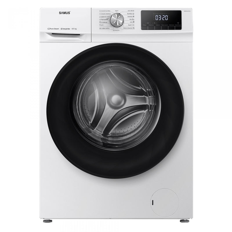 Masina de spalat cu uscator Samus WSDDI-85140 spalare 8 kg uscare 5 kg 1400 rpm clasa D latime 59.5 cm motor inverter afisaj LCD incarcare cu rufe in timpul spalarii pornire intarziata control antispuma