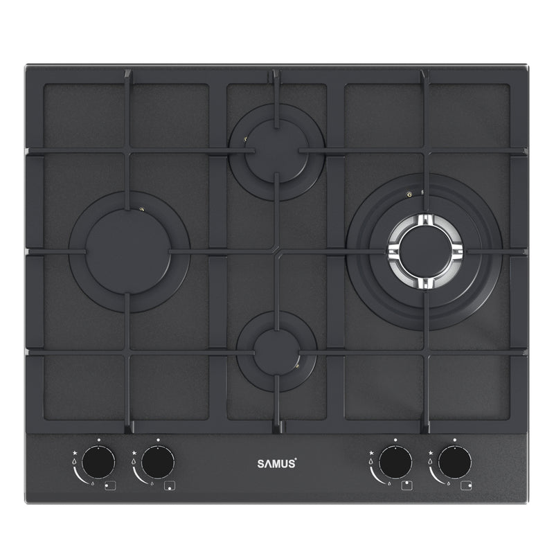 Plita pe gaz incorporabila Samus PSG-64SMGN2 4 arzatoare arzator Wok putere 8.6 kW aprindere electrica dispozitiv siguranta arzatoare latime 58 cm gratar fonta sticla cu acoperire Nano