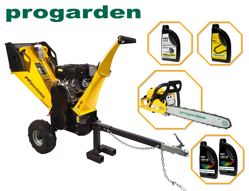 Pachet ProGARDEN TB100E Tocator resturi vegetale, 12CP, 65-100mm + MF3545P Motoerastrau 450mm, 3.4CP + 4L ulei