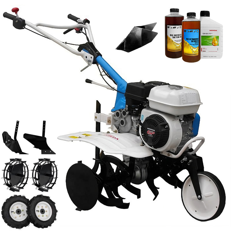 Motosapa AGT 5580 motor Honda GP200 6.5 CP latime lucru 80 cm 2+1 viteze freze rarita fixa roti cauciuc 4.00-8 roti metal plug arat rarita reglabila 2.6l ulei