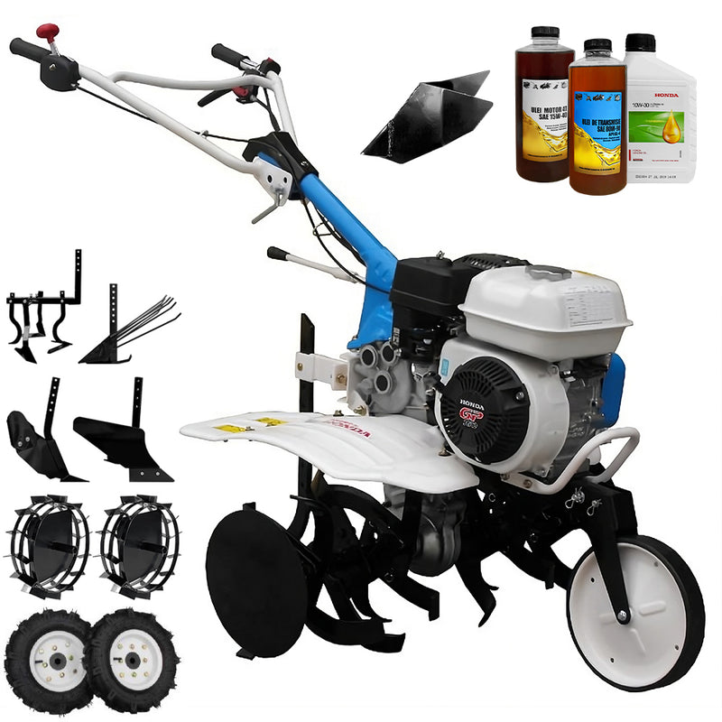 Motosapa AGT 5580 motor Honda GP200 6.5 CP latime lucru 80 cm 2+1 viteze freze rarita fixa fara roti cauciuc roti metal plug arat rarita reglabila plug cartofi cultivator 2.6l ulei