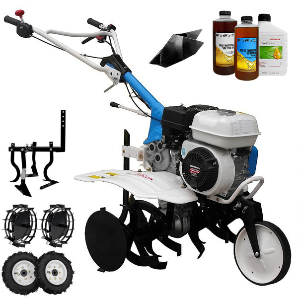 Motosapa AGT 5580 motor Honda GP160 5.5 CP latime lucru 80 cm 2+1 viteze freze rarita fixa roti cauciuc 4.00-8 roti metal cultivator 2.6l ulei