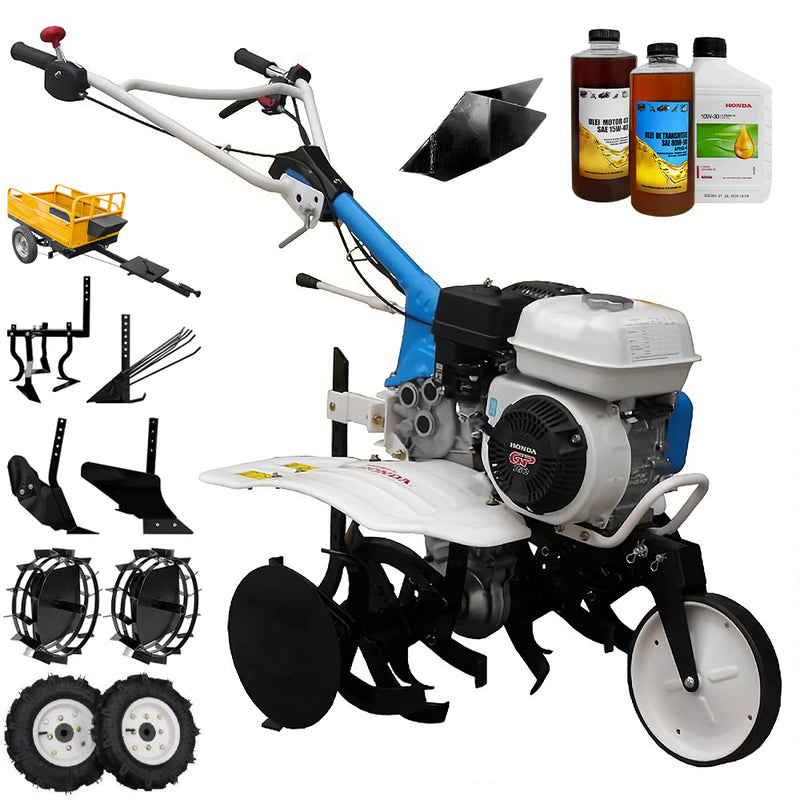 Motosapa AGT 5580 motor Honda GP200 6.5 CP latime lucru 80 cm 2+1 viteze freze rarita fixa roti cauciuc 4.00-8 roti metal plug arat rarita reglabila plug cartofi cultivator remorca 2.6l ulei