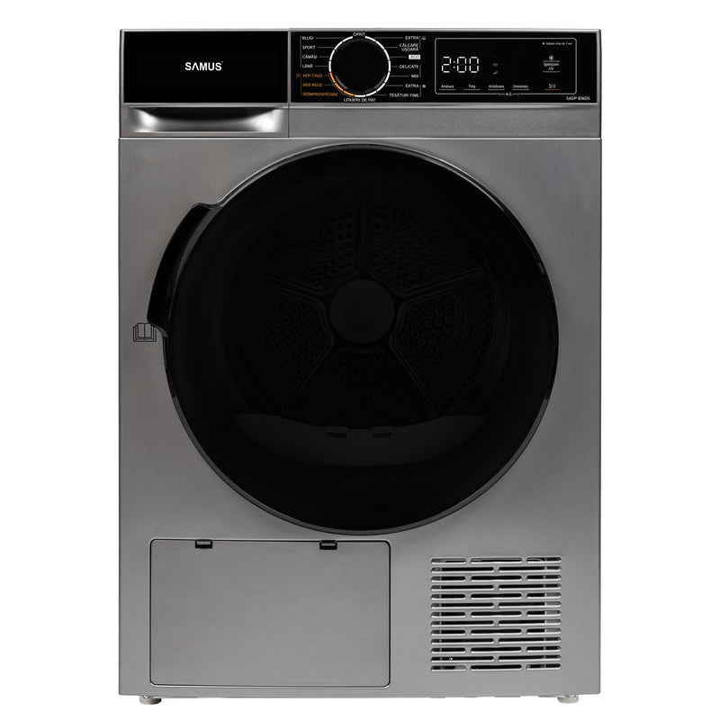 Uscator de rufe Samus SADP-836DS pompa de caldura 8 kg clasa D latime 60 cm functie Antisifonare igienizare UV blocare acces copii optiune pornire intarziata