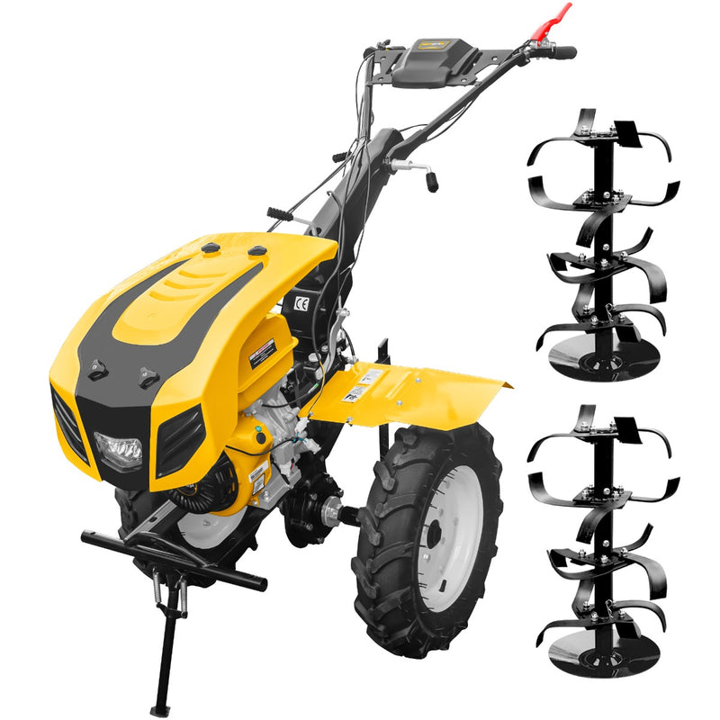Motocultor AgroPro HS 1100D NEW-1 motor 18 CP benzina EURO V 2+1 viteze latime lucru 135 cm freze 2+1+1 roti 5.00-12 capota cu far roti metal plug arat rarita reglabila 5l ulei