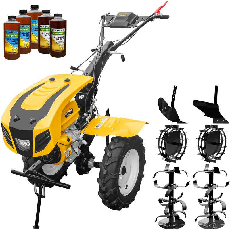 Motocultor AgroPro HS 1100D NEW-1 motor 18 CP benzina EURO V 2+1 viteze latime lucru 135 cm freze 2+1+1 roti 5.00-12 capota cu far roti metal plug arat rarita reglabila 5l ulei