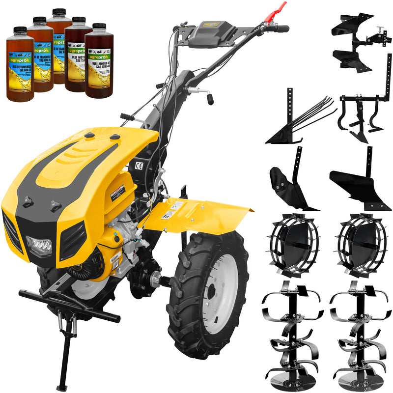 Motocultor AgroPro HS 1100D NEW-1 motor 18 CP benzina EURO V 2+1 viteze latime lucru 135 cm freze 2+1+1 roti 5.00-12 capota cu far roti metal plug arat rarita reglabila plug cartofi cultivator plug reversibil 5l ulei