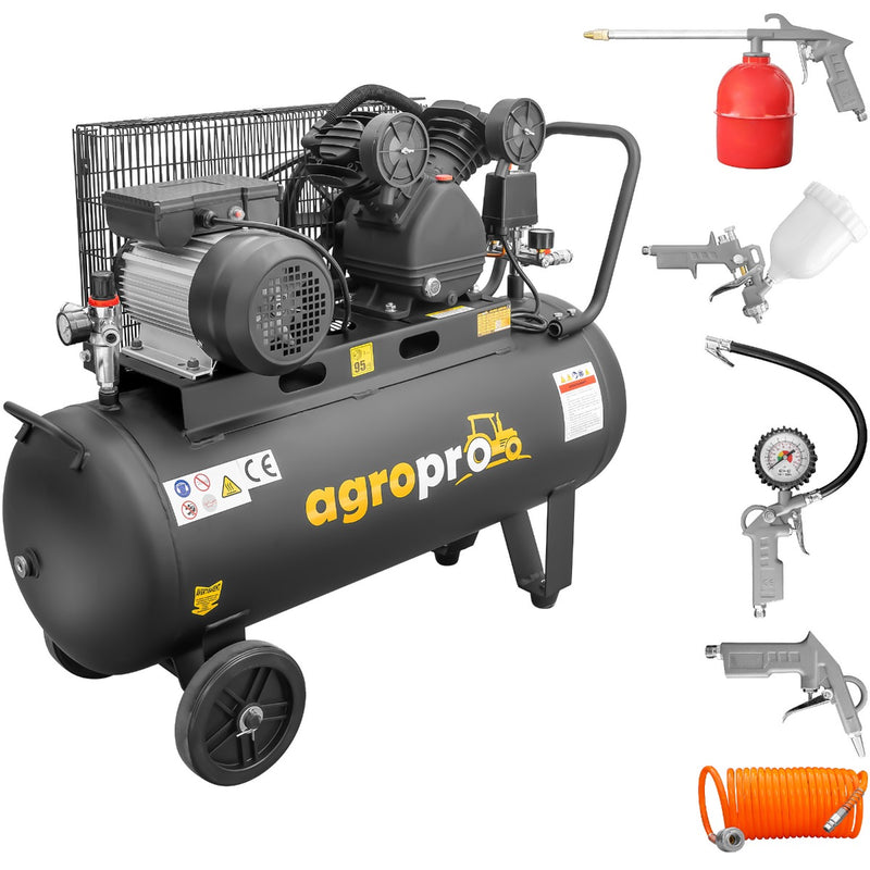 Compresor AgroPro AirPRO 30100B putere 2.2 kW debit 250 l/min presiune 8 bari rezervor 100l kit 5 accesorii inclus