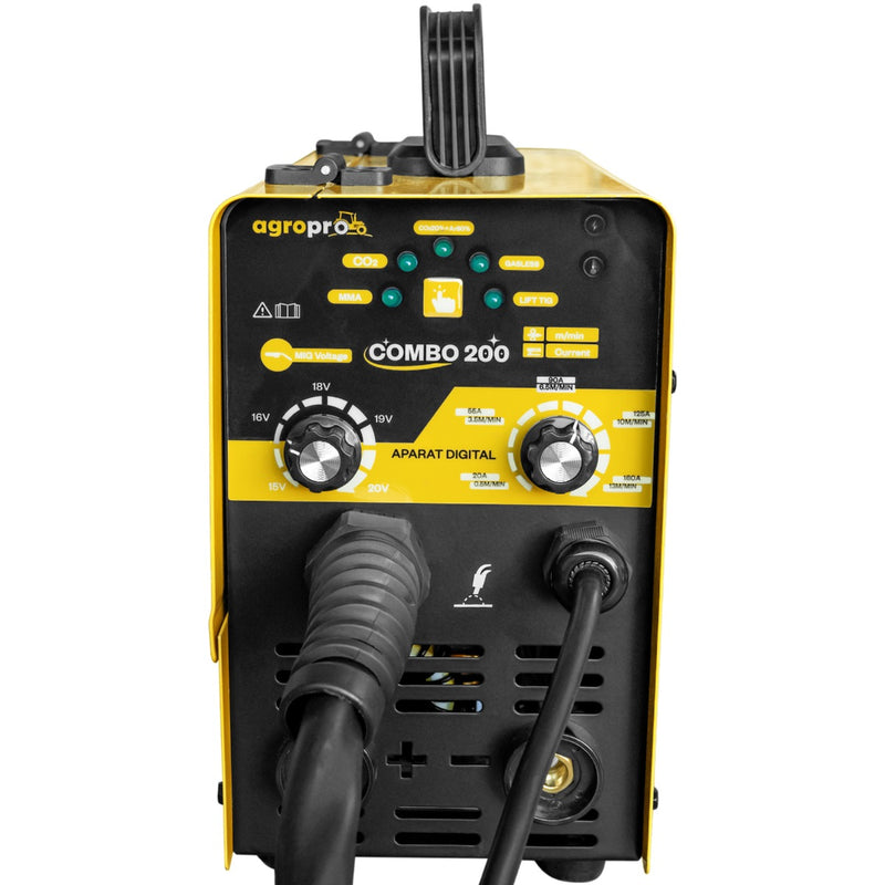 Aparat sudura profesional AgroPro Combo 200 tip invertor functie FLUX-MIG-MMA-TIG amperaj 160A 220V electrod 1.6-3.2mm rola sarma flux 0.8mm 1Kg inclusa accesorii incluse kit TIG regulator gaz