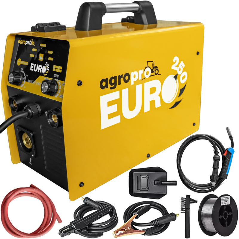 Aparat sudura profesional AgroPro Euro 250 tip invertor functie MIG-MMA-TIG amperaj 200A 220V, electrod 1.6-4mm rola sarma 0.8mm 1Kg accesorii incluse