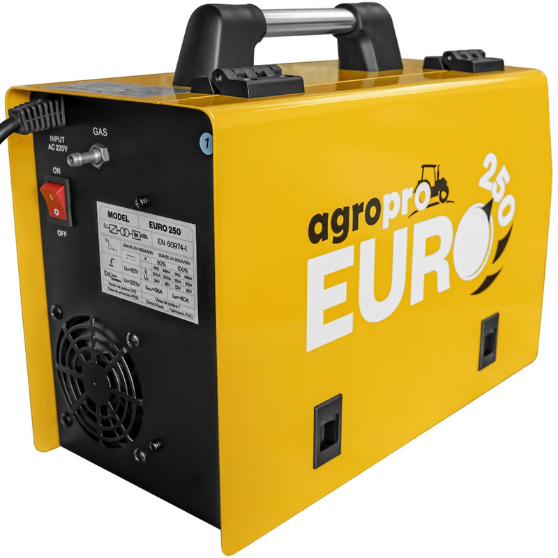 Aparat sudura profesional AgroPro Euro 250 tip invertor functie MIG-MMA-TIG amperaj 200A 220V, electrod 1.6-4mm rola sarma 0.8mm 1Kg accesorii incluse kit TIG regulator gaz