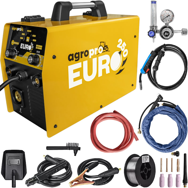 Aparat sudura profesional AgroPro Euro 250 tip invertor functie MIG-MMA-TIG amperaj 200A 220V, electrod 1.6-4mm rola sarma 0.8mm 1Kg accesorii incluse kit TIG regulator gaz