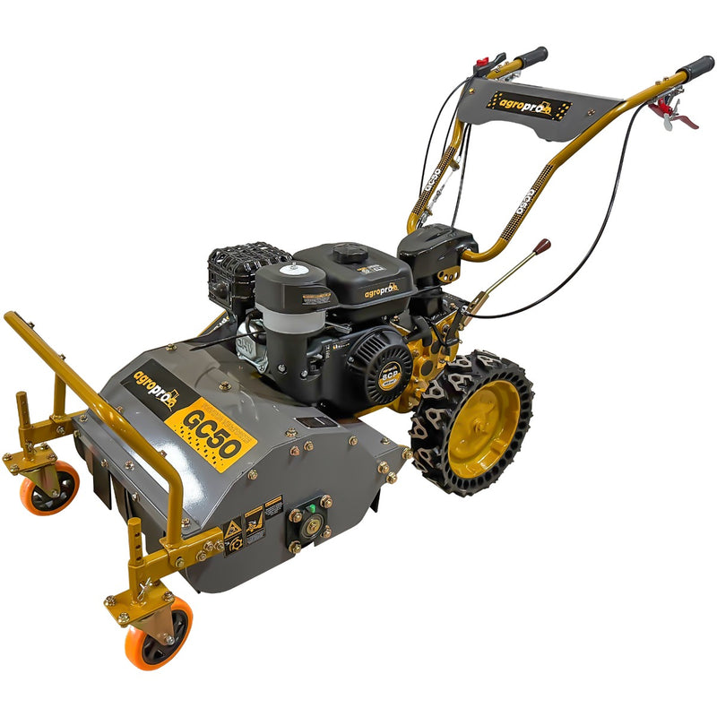 Tocator vegetatie AgroPro GC50 motor 8 CP latime lucru 50 cm 2+1 viteze 36 lame ghidon reglabil roti pline 320 x 100 mm