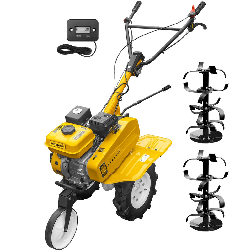 Motosapa AgroPro HS 500 motor 7 CP 2+1 viteze latime lucru 90-120 cm freze roti cauciuc 4.00x8 roata frontala tahometru roti metal plug arat rarita reglabila cupla accesorii 2l ulei