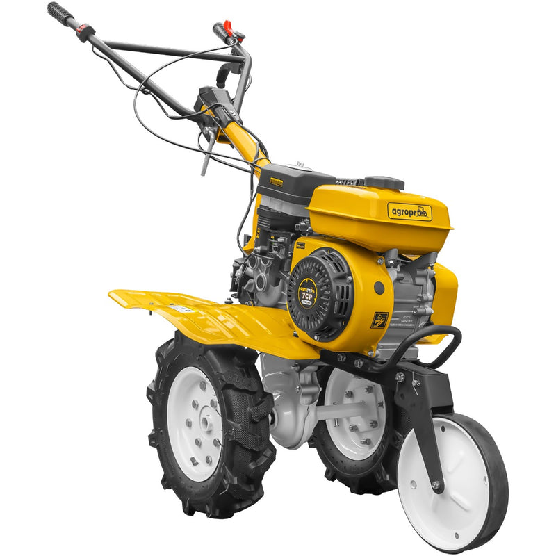 Motosapa AgroPro HS 500 motor 7 CP 2+1 viteze latime lucru 90-120 cm freze roti cauciuc 4.00x8 roata frontala tahometru roti metal plug arat rarita reglabila plug cartofi cultivator remorca cupla accesorii 2l ulei