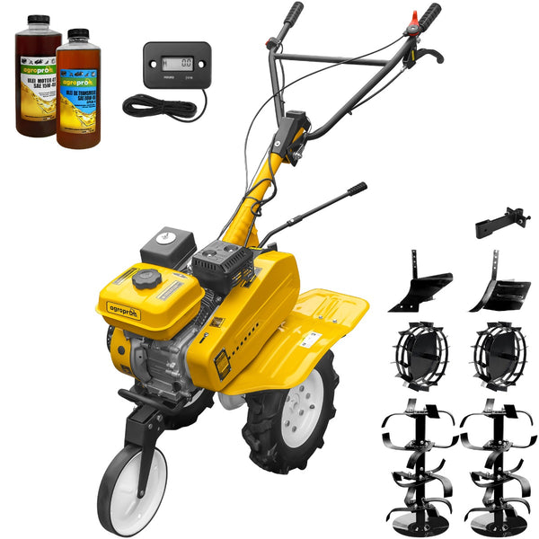 Motosapa AgroPro HS 500 motor 7 CP 2+1 viteze latime lucru 90-120 cm freze roti cauciuc 4.00x8 roata frontala tahometru roti metal plug arat rarita reglabila cupla accesorii 2l ulei