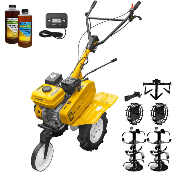 Motosapa AgroPro HS 500 motor 7 CP 2+1 viteze latime lucru 90-120 cm freze roti cauciuc 4.00x8 roata frontala tahometru roti metal cultivator cupla accesorii 2l ulei