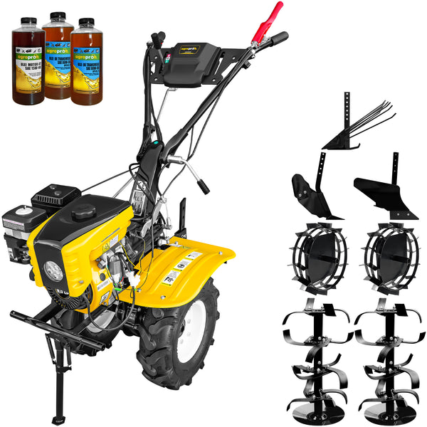 Motocultor AgroPro HS 1000B motor 8 CP benzina EURO V 2+1 viteze latime lucru 115 cm freze 2+1+1 roti 5.00-8" roti metal plug arat rarita reglabila plug cartofi 3l ulei