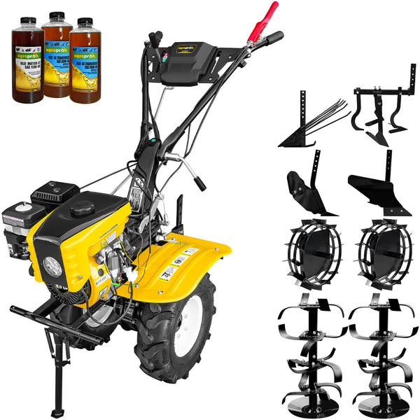 Motocultor AgroPro HS 1000B motor 8 CP benzina EURO V 2+1 viteze latime lucru 115 cm freze 2+1+1 roti 5.00-8" roti metal plug arat rarita reglabila plug cartofi cultivator 3l ulei