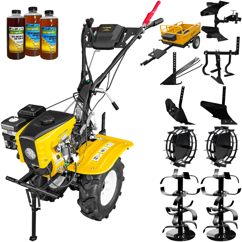 Motocultor AgroPro HS 1000B motor 8 CP benzina EURO V 2+1 viteze latime lucru 115 cm freze 2+1+1 roti 5.00-8" roti metal plug arat rarita reglabila plug cartofi cultivator plug reversibil remorca 3l ulei