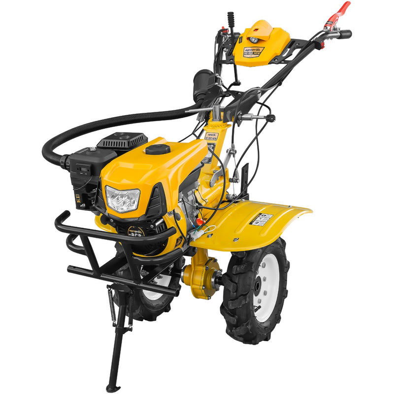 Motocultor AgroPro HS 950 NEW motor 8 CP benzina 2+1 viteze latime lucru 65-90 cm freze roti cauciuc 4.00x8" capota cu far LED tahometru roti metal plug arat rarita reglabila plug cartofi cultivator plug reversibil remorca 3l ulei