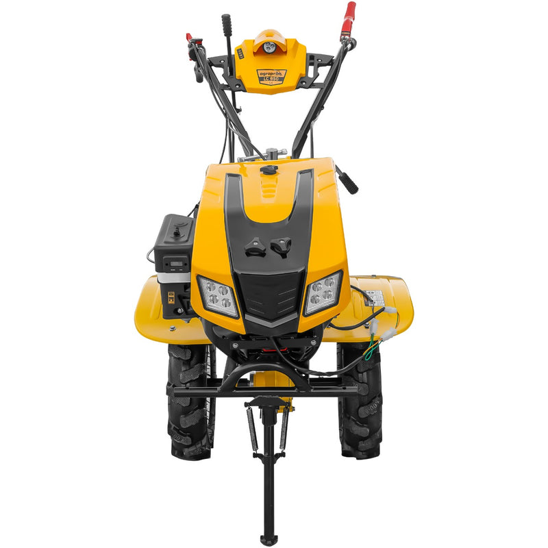 Motocultor AgroPro LC 850 motor Loncin 7 CP benzina 2+1 viteze latime lucru 65-90 cm freze roti cauciuc 4.00x8" capota cu faruri LED tahometru roti metal plug arat rarita reglabila plug cartofi cultivator 3l ulei