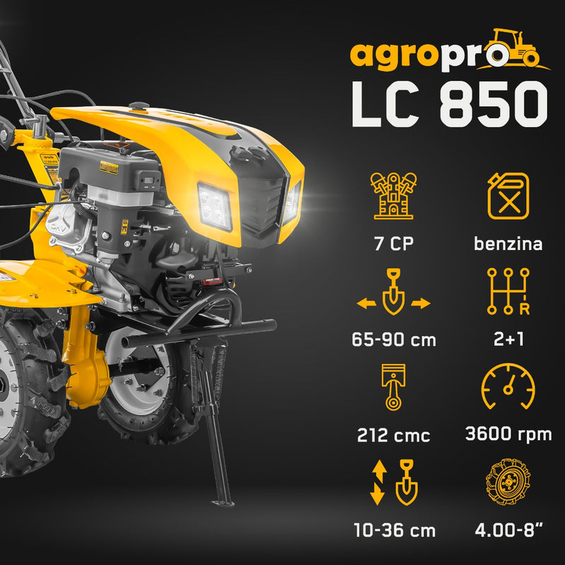 Motocultor AgroPro LC 850 motor Loncin 7 CP benzina 2+1 viteze latime lucru 65-90 cm freze roti cauciuc 4.00x8" capota cu faruri LED tahometru