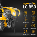 Motocultor AgroPro LC 850 motor Loncin 7 CP benzina 2+1 viteze latime lucru 65-90 cm freze roti cauciuc 4.00x8" capota cu faruri LED tahometru roti metal plug arat rarita reglabila plug cartofi cultivator plug reversibil remorca 3l ulei