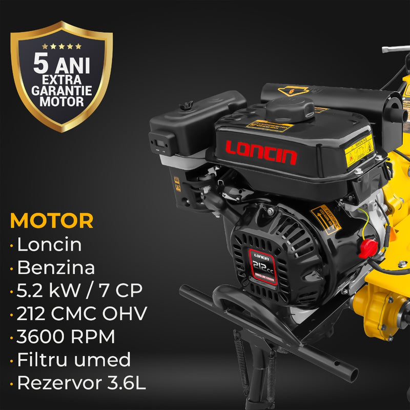 Motocultor AgroPro LC 850 motor Loncin 7 CP benzina 2+1 viteze latime lucru 65-90 cm freze roti cauciuc 4.00x8" capota cu faruri LED tahometru