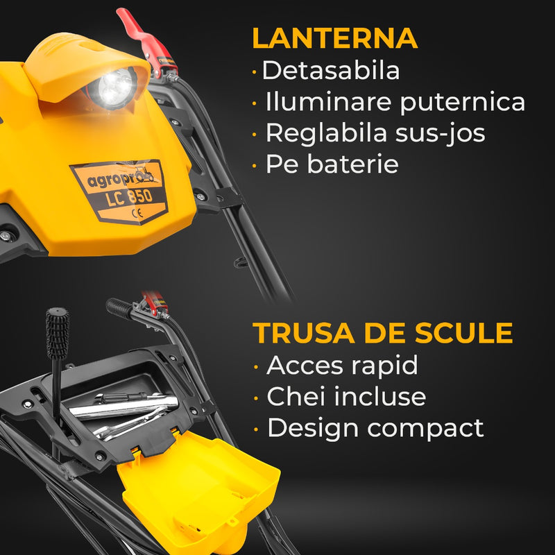 Motocultor AgroPro LC 850 motor Loncin 7 CP benzina 2+1 viteze latime lucru 65-90 cm freze roti cauciuc 4.00x8" capota cu faruri LED tahometru