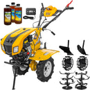 Motocultor AgroPro LC 850 motor Loncin 7 CP benzina 2+1 viteze latime lucru 65-90 cm freze roti cauciuc 4.00x8" capota cu faruri LED tahometru roti metal plug arat rarita reglabila 3l ulei