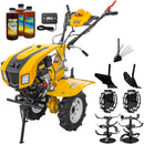 Motocultor AgroPro LC 850 motor Loncin 7 CP benzina 2+1 viteze latime lucru 65-90 cm freze roti cauciuc 4.00x8" capota cu faruri LED tahometru roti metal plug arat rarita reglabila plug cartofi 3l ulei