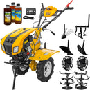 Motocultor AgroPro LC 850 motor Loncin 7 CP benzina 2+1 viteze latime lucru 65-90 cm freze roti cauciuc 4.00x8" capota cu faruri LED tahometru roti metal plug arat rarita reglabila plug cartofi cultivator 3l ulei