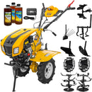 Motocultor AgroPro LC 850 motor Loncin 7 CP benzina 2+1 viteze latime lucru 65-90 cm freze roti cauciuc 4.00x8" capota cu faruri LED tahometru roti metal plug arat rarita reglabila plug cartofi cultivator plug reversibil 3l ulei
